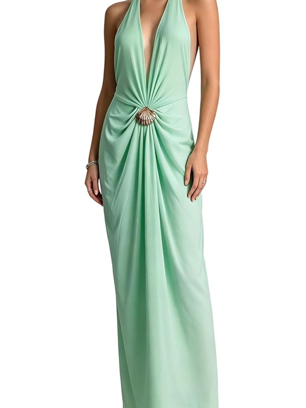 Plunging Halter Mint Green Evening Gown